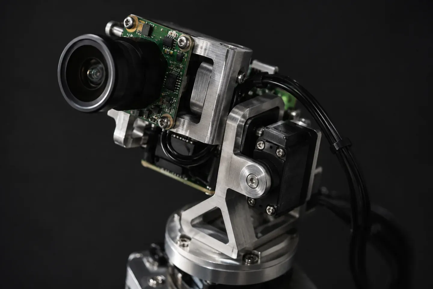 AI-generated concept image of a camera, circuit board and servo on an aluminum robotics bracket; not the actual robot